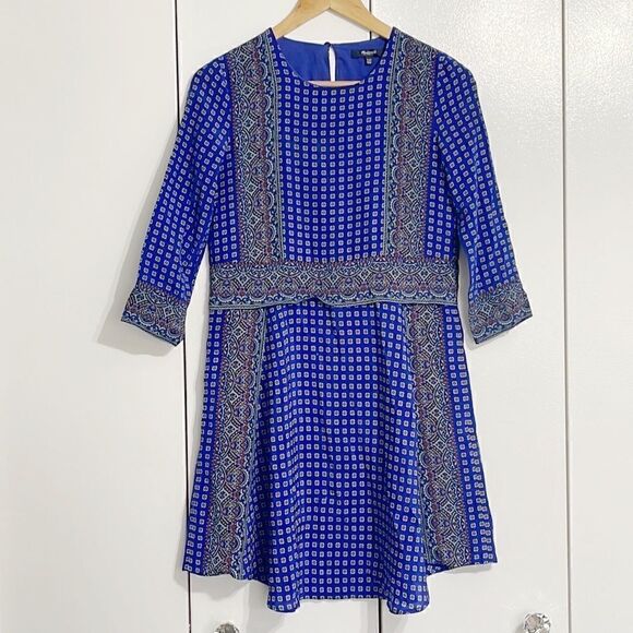 Madewell Blue Print Silk Tee Mini Dress In Ascot Grid - Picture 5 of 8